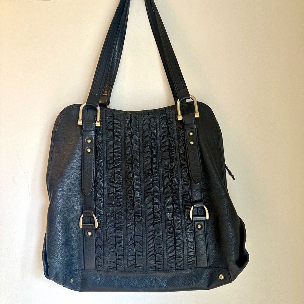 Y2K Tahari Black Leather Tote Bag with ruffle details